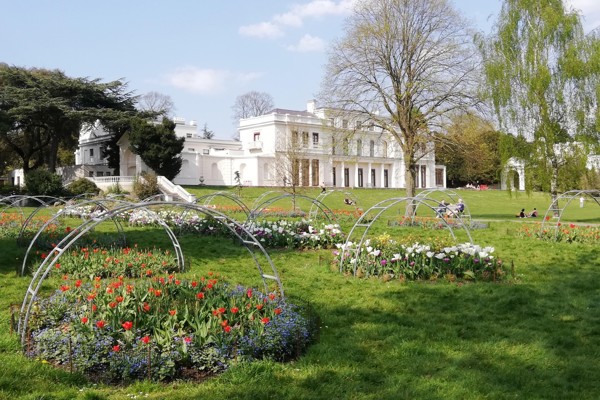 External view of museum with flower beds